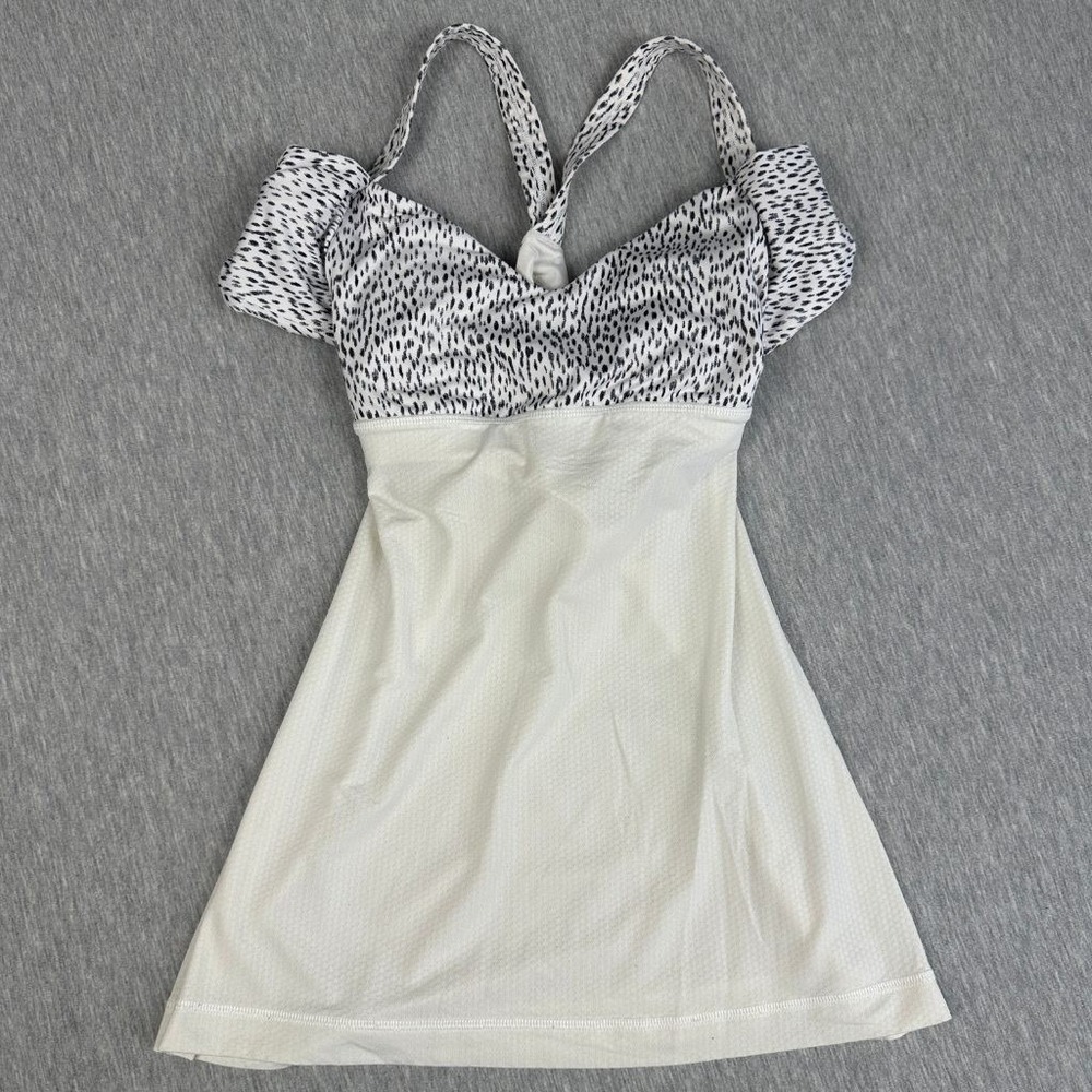 Lululemon Wrap It Up Tank Top Size 4 White Black Spotted Print Built-In Bra